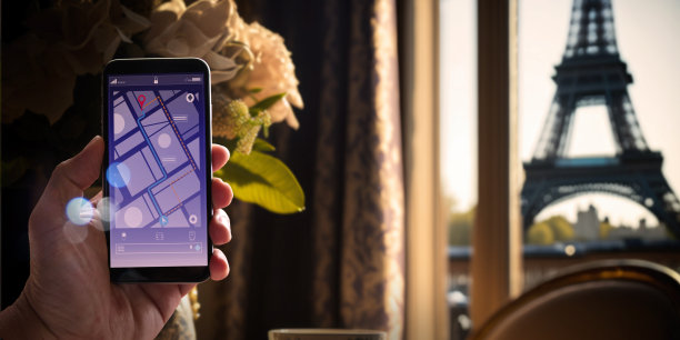 男子在酒店使用智能手机上的导航应用程序。图片下载