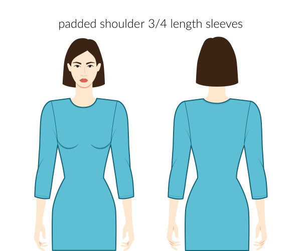 软垫肩袖衣服性格漂亮的女士在水蓝色上衣，衬衫，连衣裙技术时尚插图与3-4手镯长度。平板服装模板正面，背面。女人，男人，男女皆宜图片下载