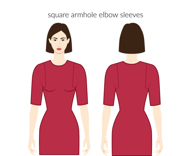 方形袖窿服装人物美女在红色上衣，衬衫，连衣裙技术时尚插图与肘部长度，合身。平板服装模板正面，背面。女人，男人男女皆宜的CAD模型图片下载