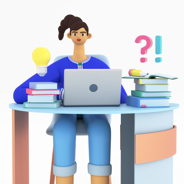 年轻的女人在家里学习和做作业。电子学习的概念，家庭在线教育。想法和问题图标。3d渲染插图。图片下载