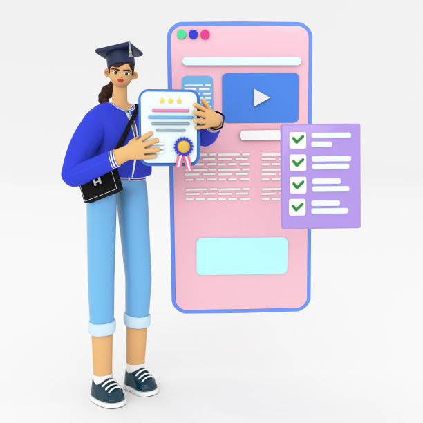 持有大学帽证书的年轻女子毕业于在线学校，大学或课程。在线教育，电子学习概念。3D 渲染插图。图片下载