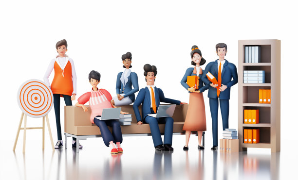 一群商务人士，团队在办公室，对着镜头微笑。三维渲染图图片下载