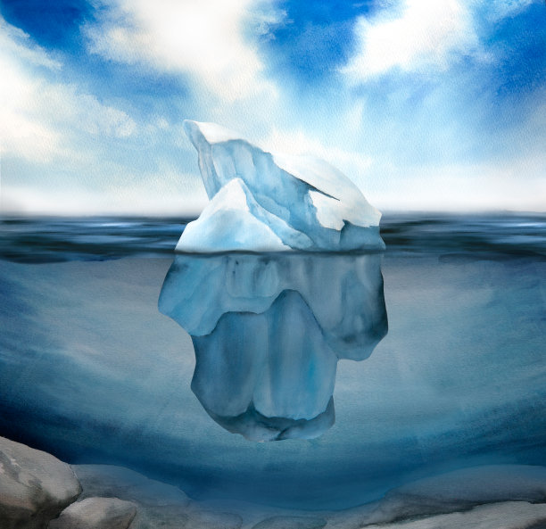 北海景观和水下世界，蓝天，冰山的水彩画插图图片下载