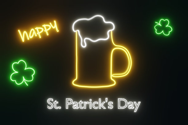 快乐的圣帕特里克节晚会霓虹灯发光三叶草招牌三维渲染。爱尔兰假日啤酒杯饮料。图片下载