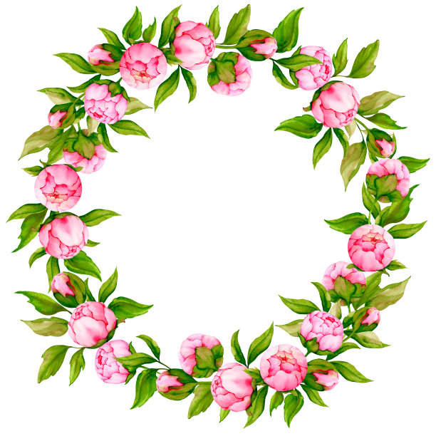 粉红色的牡丹花环。水彩边界设计贺卡，邀请，祝贺，海报，公告。婚礼、情人节、生日、周年纪念设计。图片下载