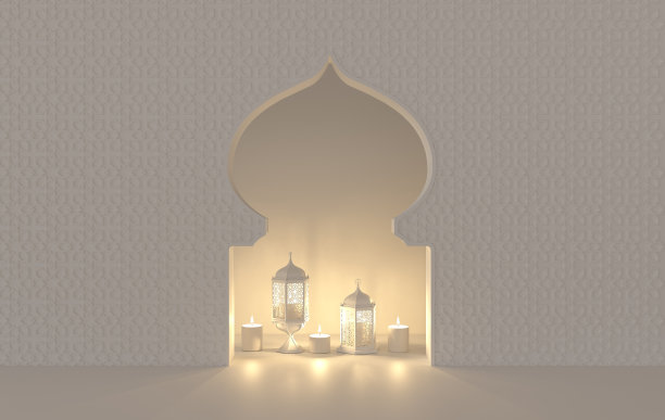 白色灯笼与蜡烛，灯与阿拉伯装饰，窗户或门。斋月或eid al fitr adha庆典。三维渲染室内图片下载