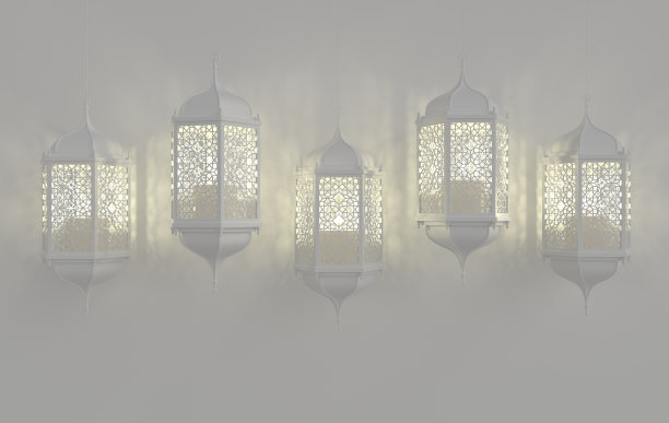 白色灯笼配蜡烛，阿拉伯装饰的灯，阿拉伯风格的设计。概念的伊斯兰庆祝节日斋月卡里姆或eid al fitr adha。三维效果图图片下载