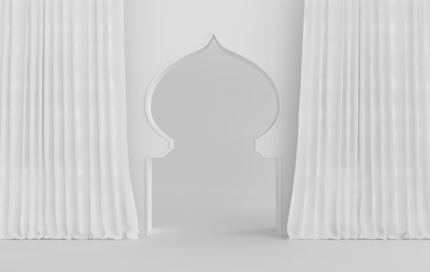 穆斯林清真寺的阿拉伯元素，伊斯兰建筑风格。斋月贾巴尔。白色的内墙，窗帘和华丽的造型。三维渲染室内模型。图片下载