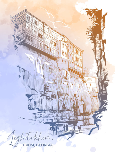 格鲁吉亚第比利斯植物园附近的Leghvtakhevi峡谷。水彩图片下载