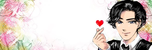 彩色漫画宽尺寸插图帅气的男性偶像与黑色的头发发送“我爱你”的标志与心形的韩国偶像的风格与手指图片下载