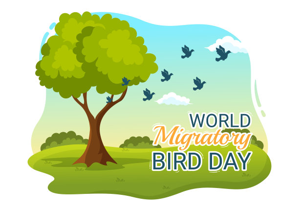 5月8日世界候鸟日插图与鸟类迁徙群体在平面卡通手绘的着陆页模板图片下载