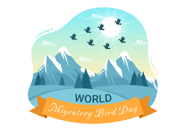5月8日世界候鸟日插图与鸟类迁徙群体在平面卡通手绘的着陆页模板图片下载