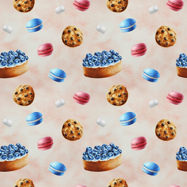 水彩无缝图案与饼干，蛋白酥，棉花糖，蓝莓馅饼，蛋白杏仁饼。手绘甜美的白色孤立的背景。为设计师，菜单，商店，酒吧，小酒馆，餐厅，明信片，包装纸，封面。海报图片下载