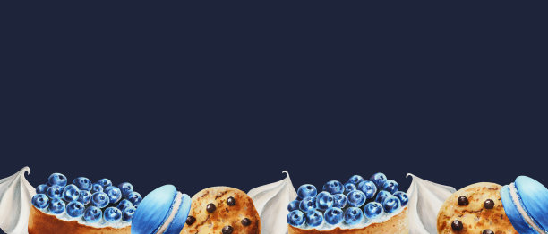 水彩画框配饼干、蛋白酥、棉花糖、蓝莓馅饼、蛋白杏仁饼。手绘甜美的白色孤立的背景。为设计师，菜单，商店，酒吧，小酒馆，餐厅，明信片，包装纸，封面。海报及纺织品图片下载