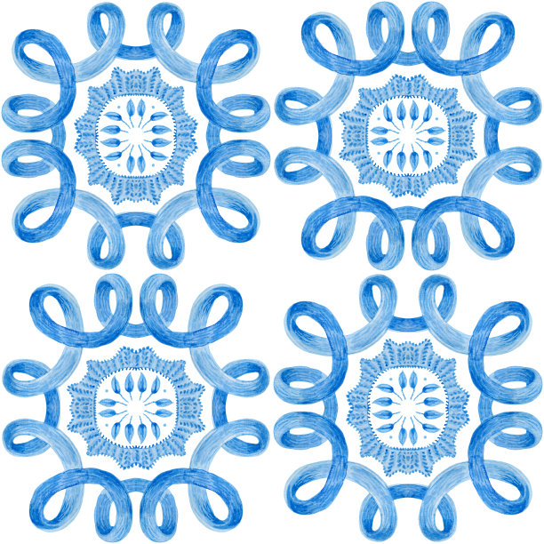 水彩画靛蓝色锦缎无缝模式的白色背景。西班牙瓷砖与手绘巴洛克和花卉装饰图片下载