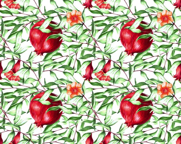 无缝模式的石榴叶和花在白色背景，手绘标记插图图片下载