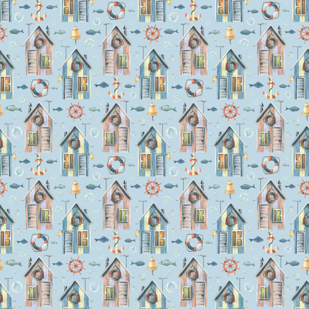 海滩，粉色和蓝色的渔房，有鱼，方向盘，锚，蓝色背景上的泡泡。水彩无缝图案。用于面料、纺织品、壁纸、包装纸、背景图片下载