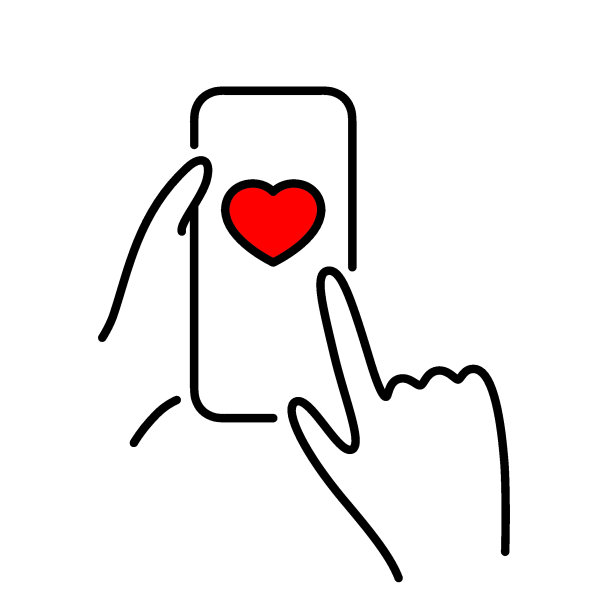 发送爱的信息概念。手握手机，屏幕上有大心脏。情人节卡通线条插画图片下载