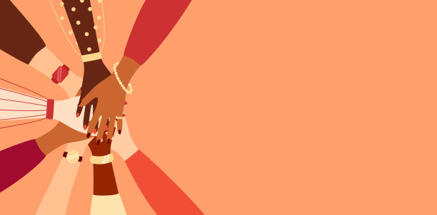 不同民族妇女的手做团结的手势，复制空间。国际友人群。平面风格的矢量插图图片下载