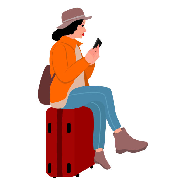 一个女人坐在行李箱上，手里拿着手机。旅游、度假。矢量图图片下载