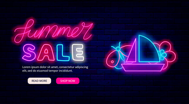 夏季大甩卖霓虹促销。网站登陆页面模板。船，蝴蝶和花。矢量图图片下载