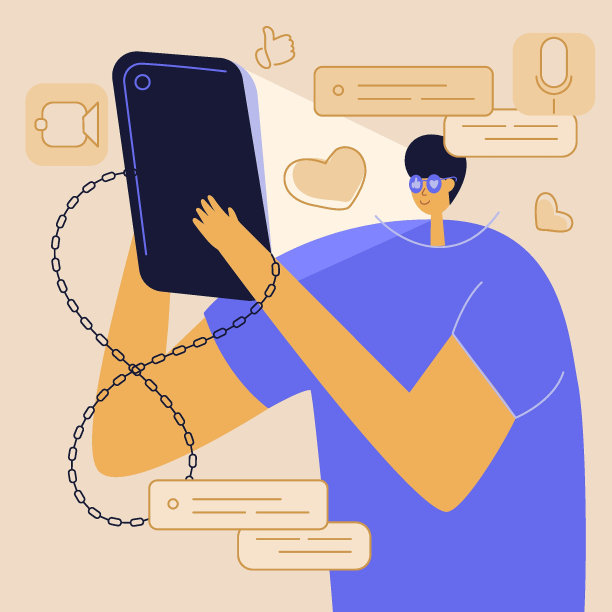 戴眼镜的男子手持智能手机聊天，在虚拟社交网络上聊天，或观看在线新闻、故事、视频和玩游戏。有手机成瘾、FOMO、设备不良习惯的人。图片下载