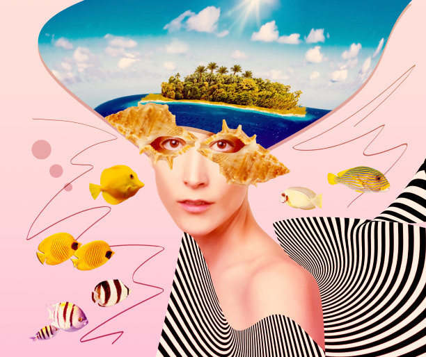 现代当代艺术拼贴或设计与女人和珊瑚鱼。拯救海洋生物，旅游度假理念。图片下载