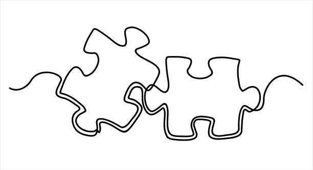 在白色背景上连续的一条线绘制两块拼图。益智游戏符号和标志性的商业隐喻解决问题，解决方案和战略。插图与报价模板。图片下载