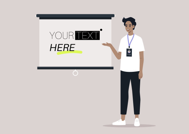 一个年轻的白人男性角色指向一个视频投影仪屏幕，复制空间，你的文字在这里图片下载