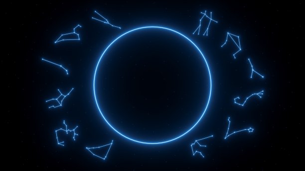 蓝色霓虹灯一套所有星座和空白的空间圈背景- 3D插图图片下载