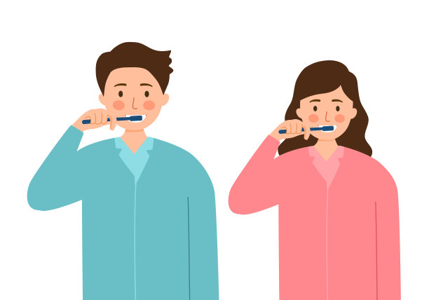 白底平面设计的小情侣一起刷牙。图片下载