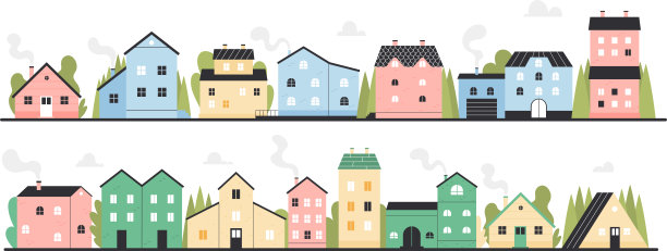 有建筑物的城市街道，住宅区，有房屋的城镇或村庄景观图片下载