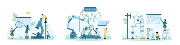 科学研究装置，小人用放大镜和显微镜研究DNA图片下载