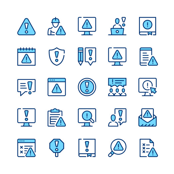 警告线图标。警告图标集。蓝色的颜色。勾勒出笔画符号。矢量线图标集图片下载