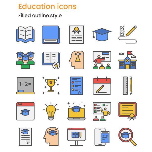 教育图标集。矢量插图填充轮廓图片下载