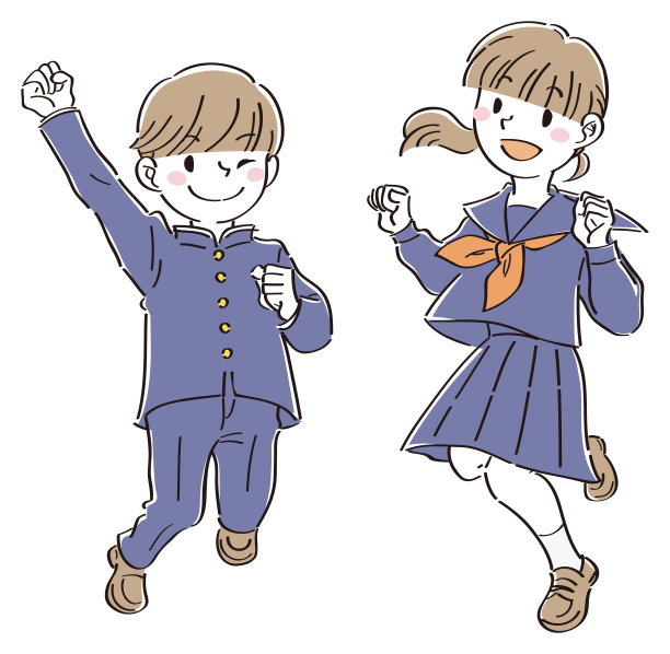 穿着制服的男孩女孩笑着蹦蹦跳跳图片下载