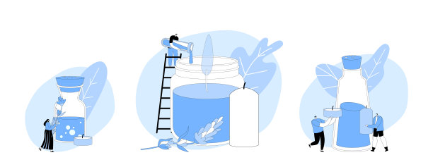 设置人们制作香薰蜡烛的家居装饰概念。小角色用原料制作巨大的蜡烛图片下载