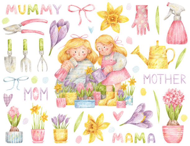 母女俩照料植物。图片下载