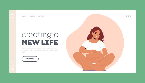 孕妇登陆页模板。令人惊叹的准妈妈角色，有着灿烂的微笑和隆起的肚子图片下载