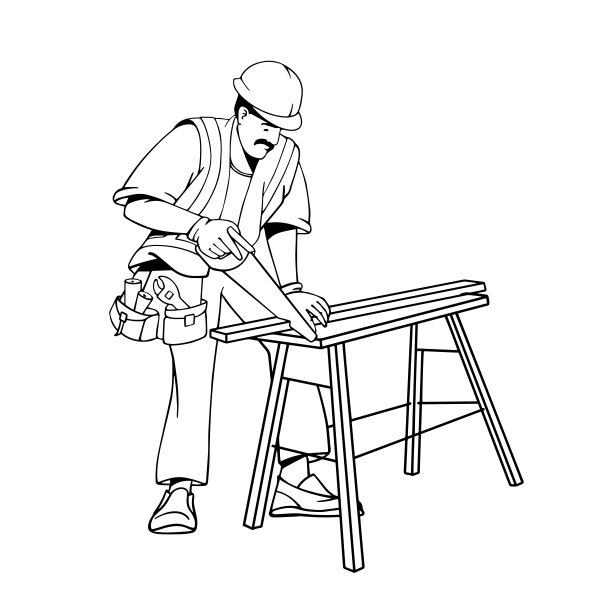 锯木板的建筑工或修理工。建筑工程服务。向量。图片下载