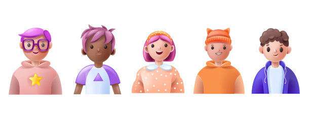 3D孩子头像集，矢量年轻的学校少年男孩女孩卡通人物，孩子的脸图标可爱的微笑。图片下载