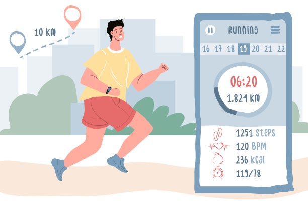 平面卡通人物人物跑步，运动在线app使用矢量插画概念图片下载