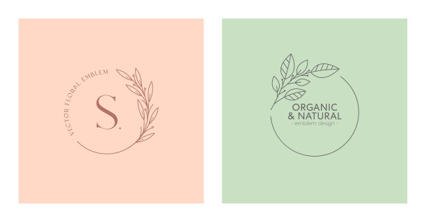 集合矢量花有机标志。自然的标志设计与线性分支和框架图片下载