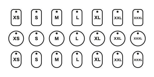 一套有大小字母的标签。服装标签矢量图标。Xs s m l xl xxl xxxl。图片下载