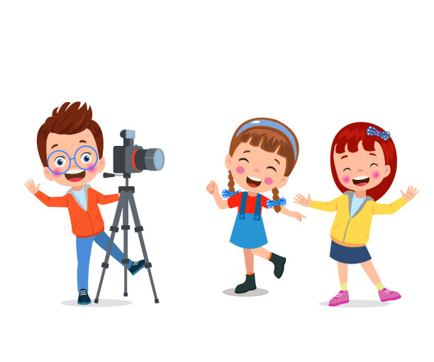 可爱的男孩拍照使用智能手机和相机卡通矢量插图图片下载