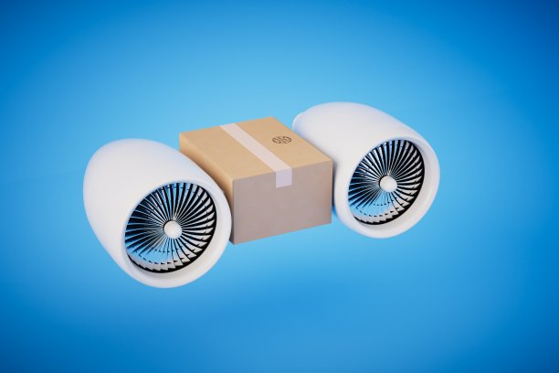 用飞机递送包裹。一个包裹，飞机的涡轮环绕在蓝色背景上。三维渲染图片下载