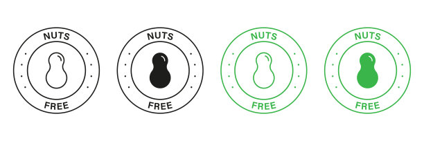 免费坚果绿色和黑色邮票套。在花生图标上避免食物过敏。100%不含花生标签。免费坚果产品符号。免费花生标志。孤立矢量图图片下载