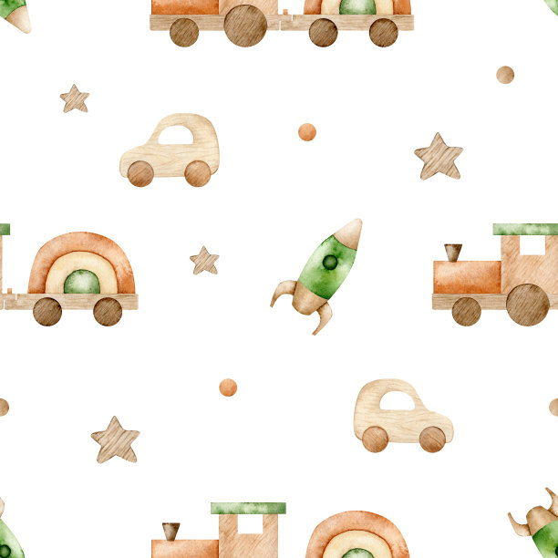 水彩生态玩具无缝图案。手绘插图与火车，火箭，汽车和木制星星的织物，包装纸图片下载
