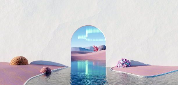 三维渲染超现实的粉彩景观背景与几何形状，抽象梦幻沙漠沙丘调味景观与拱门，全景，未来场景与复制空间，蓝天和多云图片下载