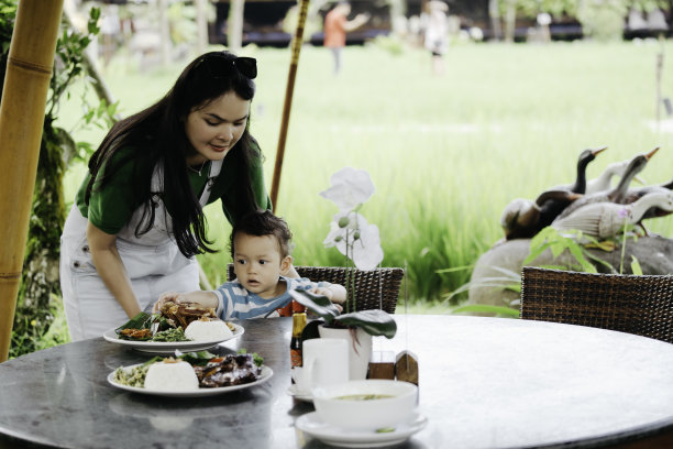 一个亚洲家庭准备在乌布餐厅吃巴厘岛炖鸭饭图片下载